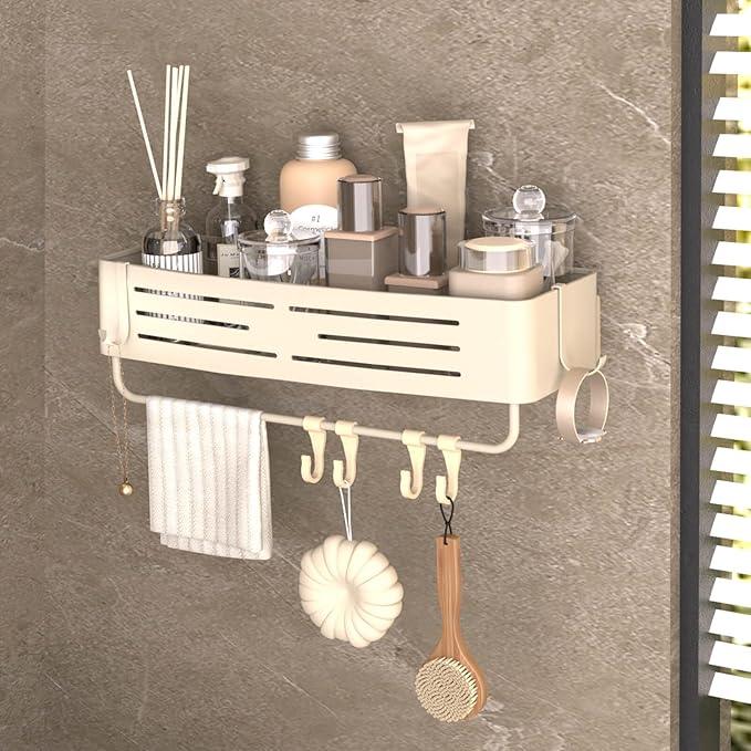 Onemake Aluminum Shower Caddy Suction Cup, No Drilling Bathroom Shower Shelf, Corner Shower Caddy with 6 Portable Hooks, Removable Bath Organizer with Towel Bar for Bathroom Storage(Cream White) - ModernBath