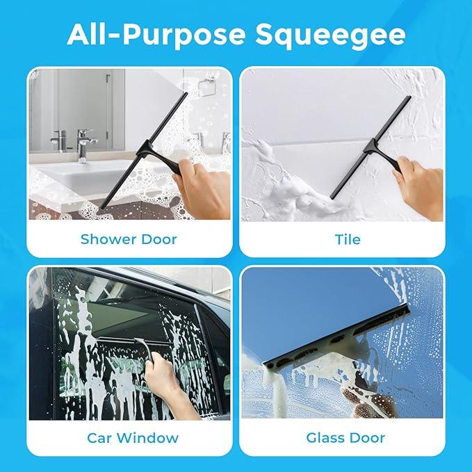 Quntis 10-Inch Matte Black Shower Squeegee for Glass Doors – Stainless Steel with Non-Slip Handle, Replacement Blade & Hook – Ideal for Bathroom, Mirrors, Tiles, and Car Windows - ModernBath