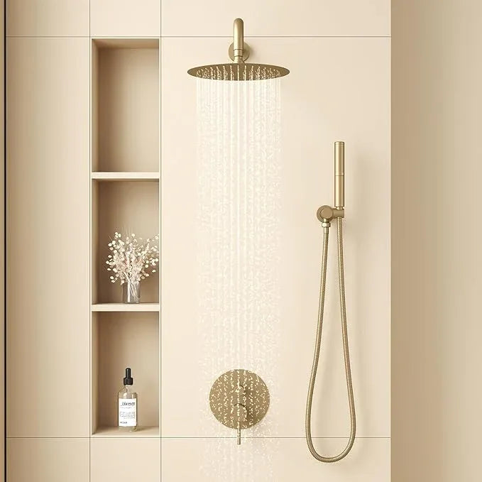 BESy Shower System with 10 Inch Round Rain Shower Head and Handheld Wall Mounted, High Pressure Rainfall Shower Faucet Fixture Combo Set with 2 in 1 Handheld Showerhead for Bathroom, Brushed Gold - ModernBath