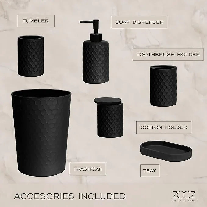zccz 6 Piece Bathroom Accessories Set, Toothbrush Holder, Toothbrush Cup, Soap Dispenser,Bathroom Vanity Tray, Qtip Holder, Trash Can - Black - ModernBath