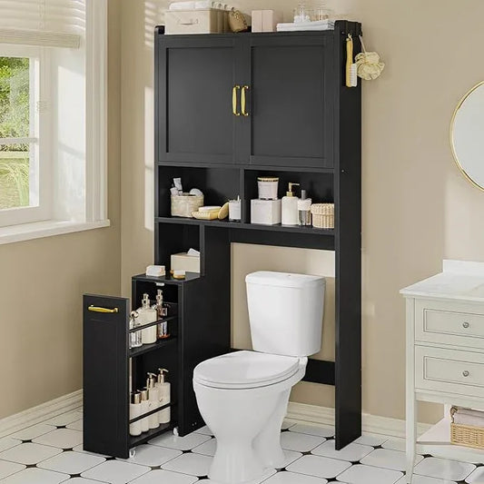 Over The Toilet Storage Cabinet with Pulley Small Bathroom Storage Cabinet, Space Saver W/Adjustable Shelf & Open Shelf for Bathroom, Restroom, Laundry (Black) - ModernBath