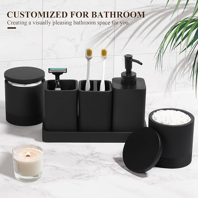 YMXYJM Bathroom Accessories Set, 6 Piece Bathroom Set with Toothbrush Holders, Soap Dispenser, Vanity Tray, Tumbler, Cotton Swab Jars, Bathroom Organizer，Bathroom Sink Sets, Matte Black - ModernBath