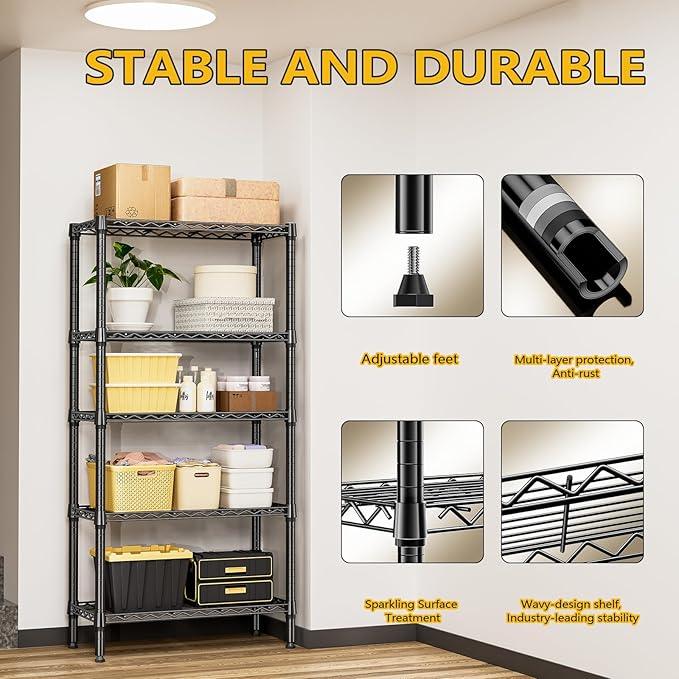 1250 lbs 5 Tier Shelf Metal Storage Shelves Shelving Wire Rack Heavy Duty Closet Organizers for Garage Kitchen Bathroom Laundry Black 13.8" D x 29.5" W x 59.5" H - ModernBath