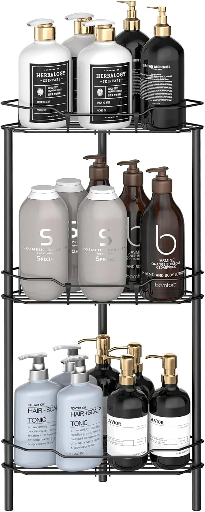 3 Tier Floor Standing Corner Shower Caddy Organizer Shelf with Hooks, Bathroom Shelves Stand Rack, Matt Black - ModernBath