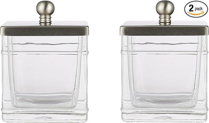 Indecor Home Glass Cotton Jar Holder 2 Pack– Satin Nickel Lid, Elegant Bathroom Storage Canister for Qtips, Cotton Balls, Floss, Makeup Organizer, Vanity & Bathroom Organization - ModernBath
