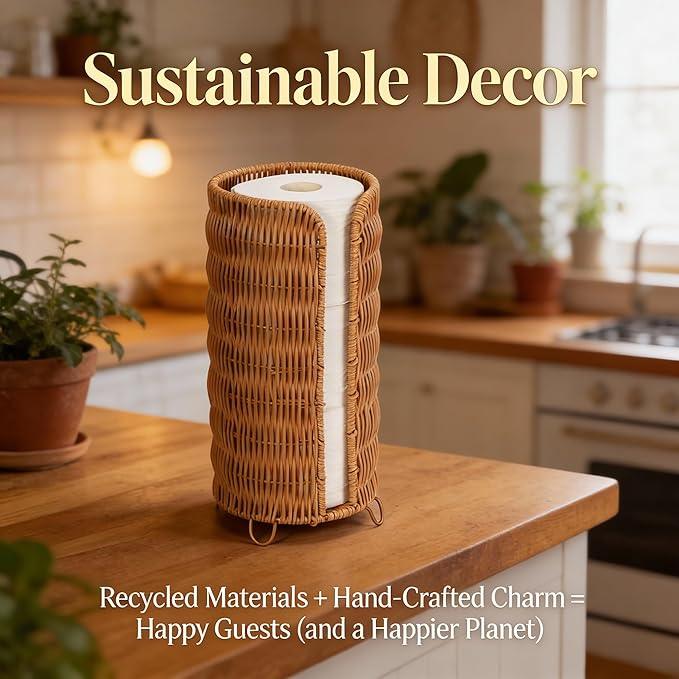 Boho Toilet Paper Holder Stand with PP Rattan & Metal Frame, 3-Roll Toilet Paper Storage Basket, Freestanding Organizer for Bathroom (Natural Brown) - ModernBath