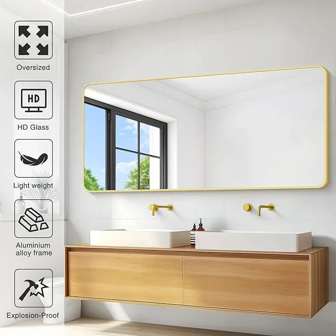 CIVENO 30"x60" Gold Bathroom Mirror, Large Rectangle Mirror, Rectangular Wall Mirror, Rounded Corner Vanity Mirror with Aluminum Metal Frame for Bathroom Bedroom Living Room - ModernBath