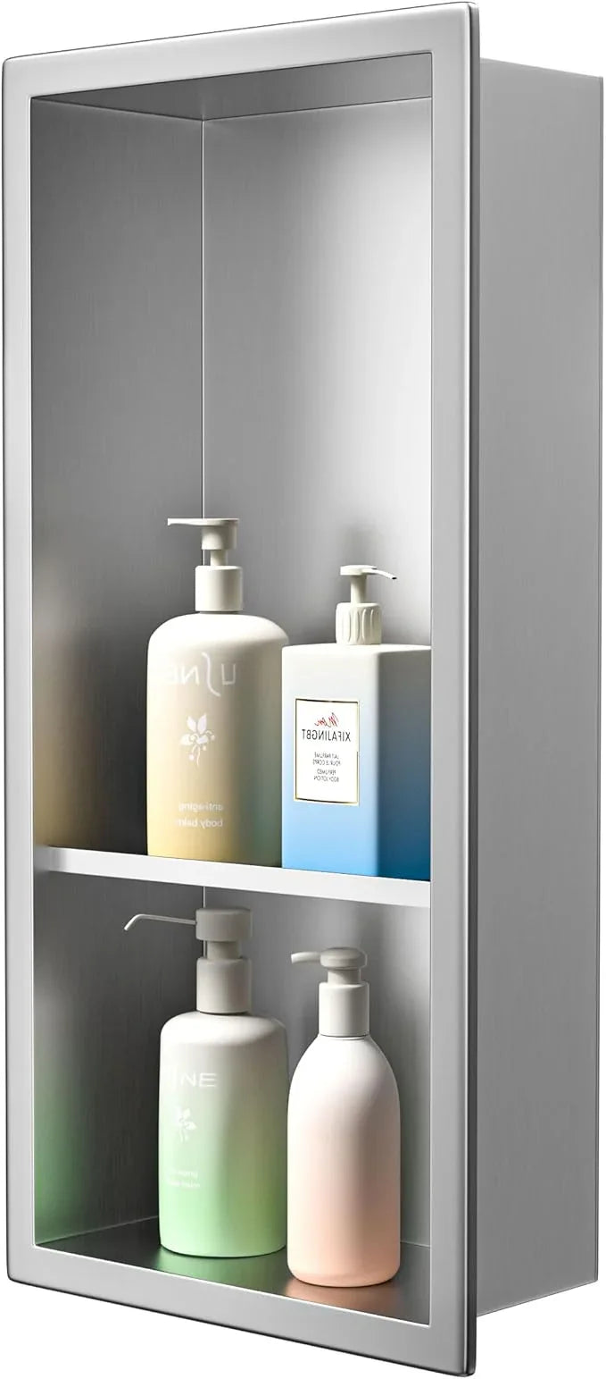 Stainless Steel Shower Niche 18"× 8" Brushed with 2- Tier Shelf No Tiled Needed Niche Shower for Wall Recessed Shower Shelf for Bathroom Storage - ModernBath