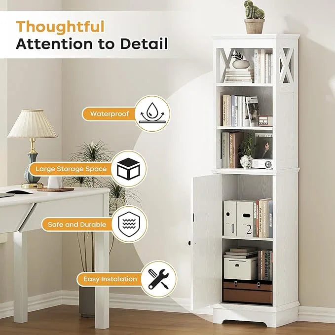 Narrow Bathroom Storage Cabinet with Door and Open Adjustable Shelves, 60.9" H Wooden Tall Tower Corner Farmhouse Cabinet, Freestanding Organizer for Kitchen, Entryway White - ModernBath