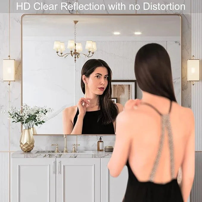 LOAAO 48”X36” Gold Bathroom Mirror, Rounded Rectangle Gold Frame Mirror, Brushed Gold Bathroom Vanity Mirror Wall-Mounted, Anti-Rust, Tempered Glass, Hangs Horizontally or Vertically - ModernBath