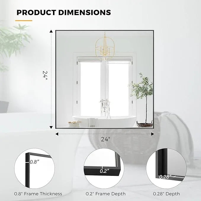 Bonverre 24x24 Inch Black Bathroom Mirror for Wall, Aluminum Frame Rectangle Rectangular Vanity Mirror, Modern Large for Bedroom, Living Room, Horizontal or Vertical - ModernBath