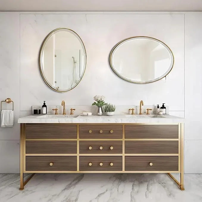 POZINO Brush Oval Vanity Mirror, 20"x28" Gold Mirror for Over Sink, Modern Rounded Mirrors with Stainless Steel Frame, Brass Beveled Mirrors for Bathroom Bedroom Living Room, Horizontal Or Vertical - ModernBath