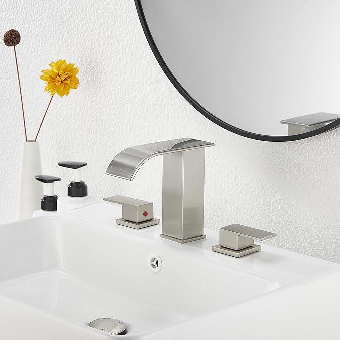Waterfall Widespread Bathroom Faucet Brushed Nickel GGStudy 3 Holes 2 Handle Modern Bathroom Sink Faucet with Pop Up Drain - ModernBath