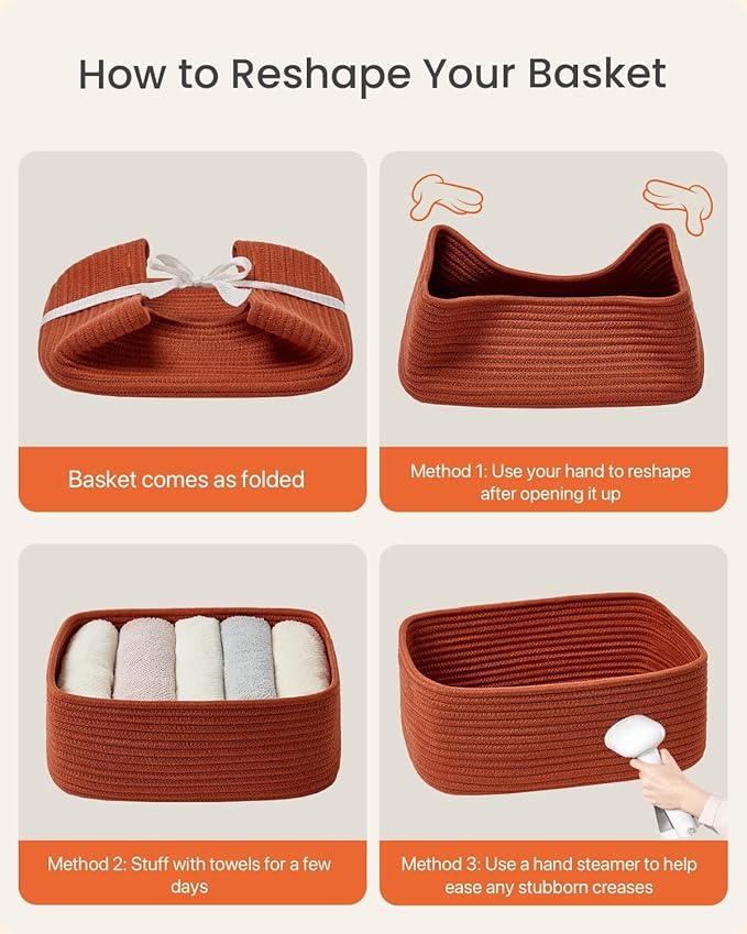 Small Woven Basket, 13.5 x 9.5 x 5 Inches, Storage Basket for Organizing, Cute Small Rope Shelf Closet Cube Storage Bins Baskets for Shelves, Dog Toy Gift Baskets Empty, 3 Pack Rust Red - ModernBath