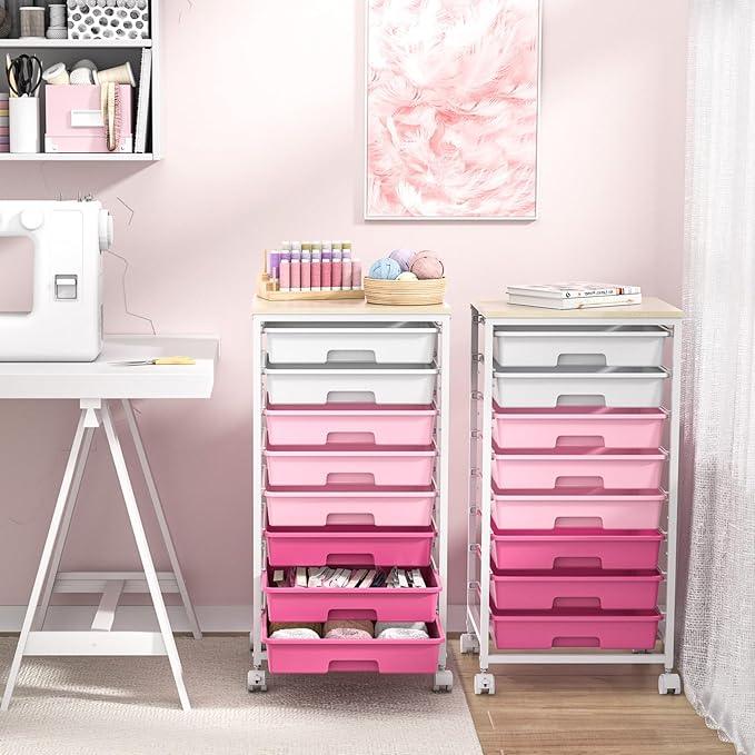 Rolling Cart with Drawers,Storage Cart with 8 Drawers and Wooden Tabletop,Utility Cart for Living Room,Classroom, Bedroom,Bathroom,Dorm,Office,Rose Pink - ModernBath