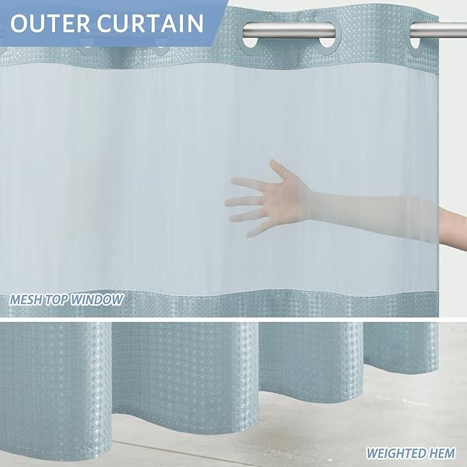 Furlinic No Hook Needed Shower Curtain 71x75 Inch,Waterproof 180GSM Fabric with Magnetic Weighted Hem and Fog Blue Waffle Weave,Machine Washable Hotel-Grade Bath Curtain with Clear Window. - ModernBath