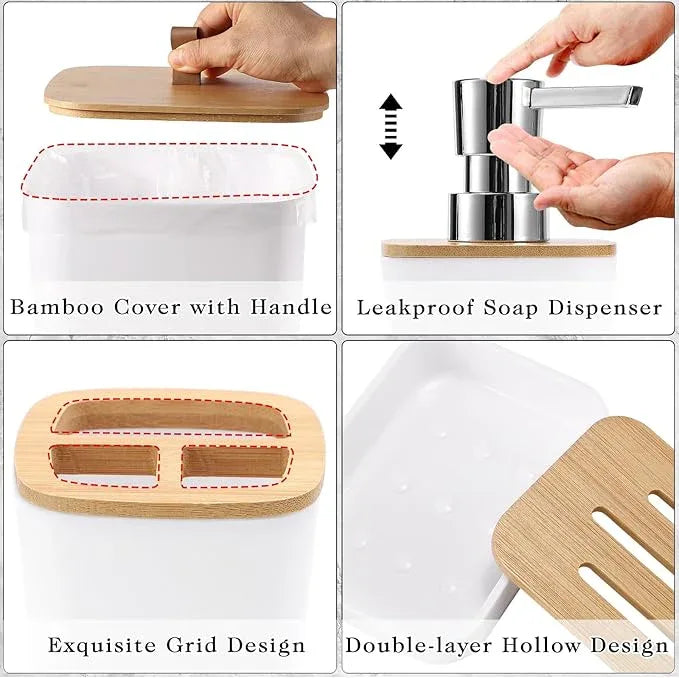 XLHOMO White Bathroom Accessories, Bathroom Accessories Set with Trash Can, Soap Dispenser, Toothbrush Holder, Toothbrush Cup, Soap Dish, Toilet Brush, Tray and Q-tip Holders for Housewarming - ModernBath