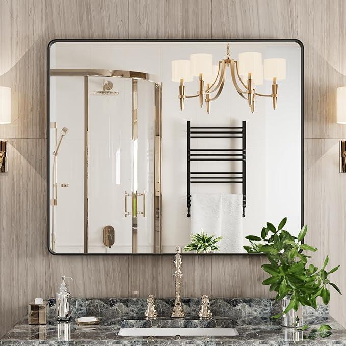 JISOSO Black Bathroom Mirror 30X36 Inch, Black Metal Framed Mirror for Wall, Rounded Rectangle Matte Bathroom Vanity Mirror with Tempered Glass, Anti-Rust, Horizontal/Vertical - ModernBath