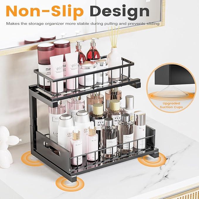 Under Sink Organizer, Heavy Duty Metal Slide Out Sink Shelf Organizer Height Adjustable, Multi-Purpose Storage Shelf for Kitchen Bathroom (Black,1Pack) - ModernBath