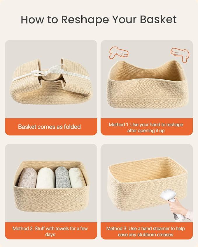 Small Woven Basket, 13.5 x 9.5 x 5 Inches, Storage Basket for Organizing, Cute Small Rope Shelf Closet Cube Storage Bins Baskets for Shelves, Dog Toy Gift Baskets Empty, 3 Packs, Beige - ModernBath