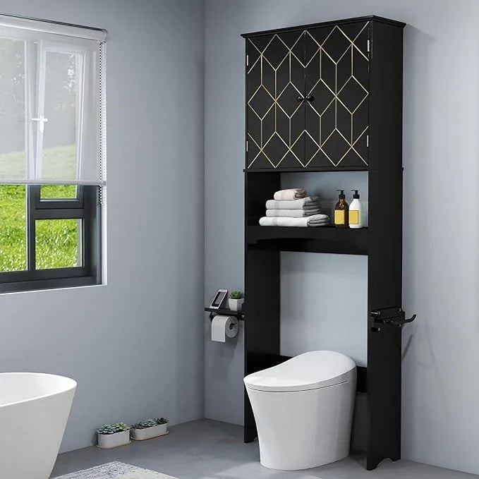 HLR Over The Toilet Storage Cabinet with Gold Trim, Over Toilet Bathroom Organizer with Adjustable Shelves and Toilet Paper Holder, Above Toilet Storage Cabinet Spacesaver for Bathroom (Black) - ModernBath