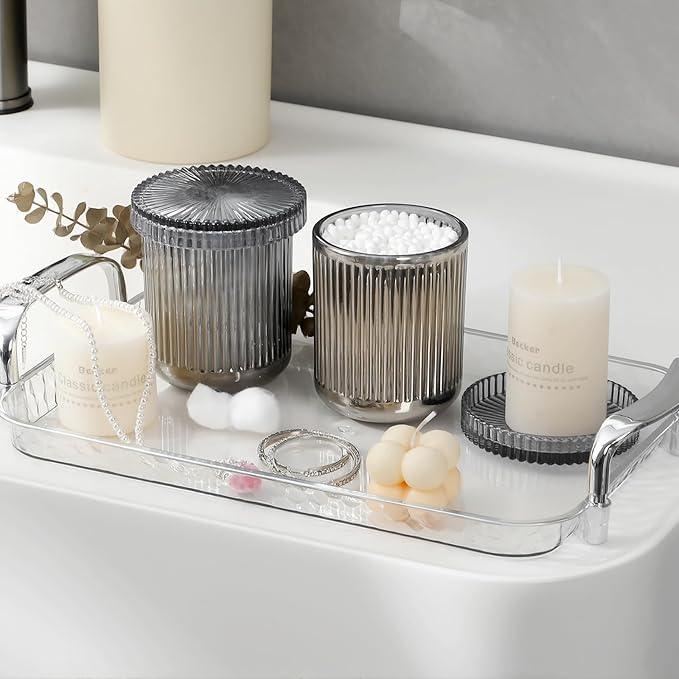 rejomiik Glass Qtip Holder Dispenser 2 Pack, Bathroom Canister Apothecary Jars with Lids, Vanity Makeup Accessories Storage Organizer for Cotton Swabs, Cotton Balls, Pads, Floss Picks, Gray - ModernBath