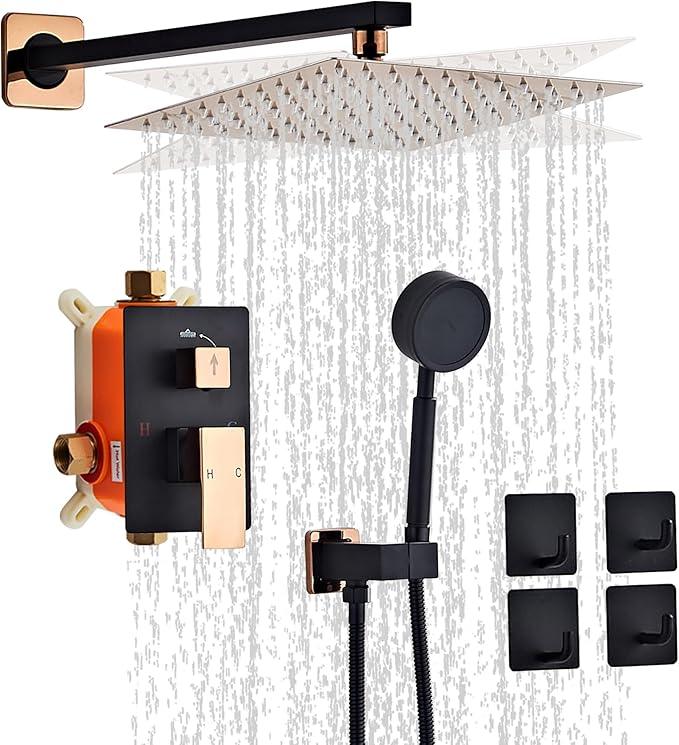 RTTWYYUU Black Gold Rainfall Shower Head, Wall Mounted 10 Inch Shower Heads with Handheld Spray Combo, Luxury Bathroom Square Rain Shower System, Solid Brass Pressure Balancd Shower Faucet Valve - ModernBath