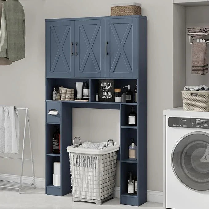Over The Toilet Storage Cabinet, Farmhouse Toilet Cabinet Rack with 3 Barn Doors, Space Saving Bathroom Organizer with Shelves, Toilet Paper Holder and Towel Rack for Bathroom,Restroom,Laundry,Blue - ModernBath