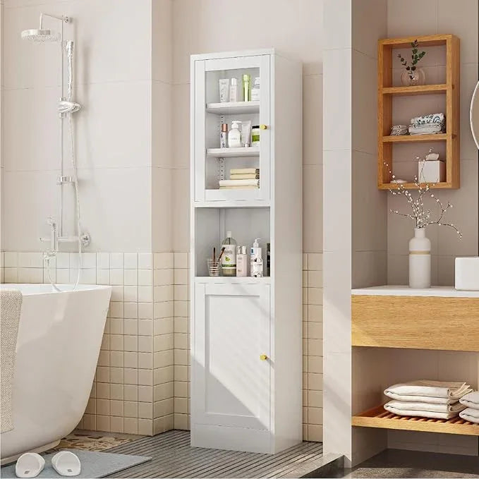 Metal Bathroom Storage Cabinet, 67" Tall Narrow Freestanding Floor Cabinet with Adjustable Shelves and Open Compartment, Slim Metal Locker for Laundry, Kitchen, Dining Room (White-Glass, 67"H) - ModernBath