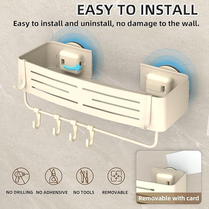 Onemake Aluminum Shower Caddy Suction Cup, No Drilling Bathroom Shower Shelf, Corner Shower Caddy with 6 Portable Hooks, Removable Bath Organizer with Towel Bar for Bathroom Storage(Cream White) - ModernBath