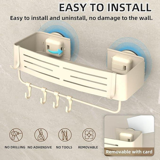 Onemake Aluminum Shower Caddy Suction Cup, No Drilling Bathroom Shower Shelf, Corner Shower Caddy with 6 Portable Hooks, Removable Bath Organizer with Towel Bar for Bathroom Storage(Cream White) - ModernBath