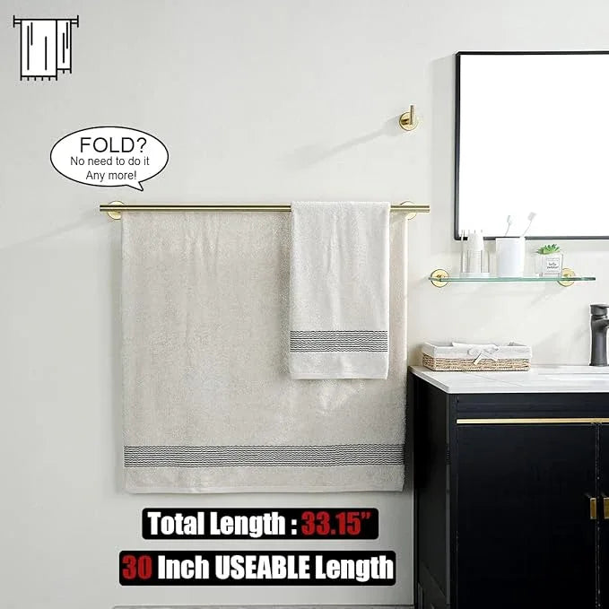 JQK Double Bath Towel Bar, Brushed Gold 33 Inch 304 Stainless Steel Thicken 0.8mm Towel Rack for Bathroom, Towel Holder Wall Mount, Useable Length 30 Inch 2 Pack, TB100L30-BG-P2 - ModernBath