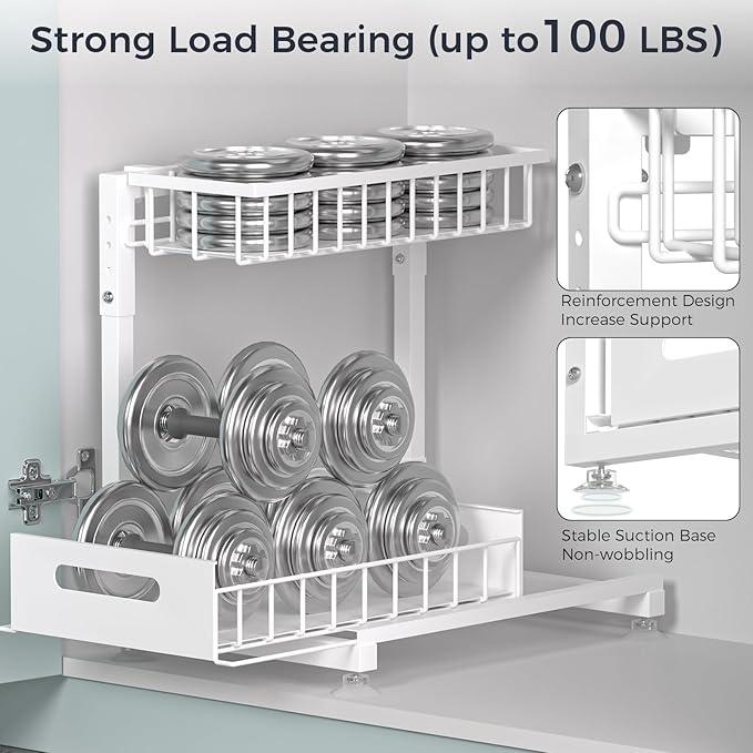 Under Sink Organizer for Kitchen and Bathroom, 2 Tier Pull Out Storage Rack - Height Adjustable Heavy Duty Metal Basket with High Capacity & Safety Stopper, Rustproof for Cleaning Supplies 1 Pack - ModernBath