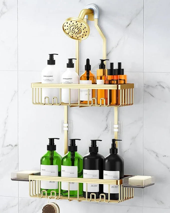 VALORDINE Shower Caddy Hanging, Shower Organizer Hanging, Aluminum Shower Racks for Inside Shower with Hooks for Razor, Never Rust Bathroom Organizers and Storage with Soap Holder, Gold - ModernBath