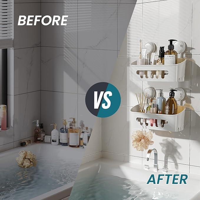 TAILI Shower Caddy Suction Cup 2 Pack, Heavy Duty Bathroom Organizer, Removable Shelves for Inside Shower, Shampoo, Waterproof Suction Plastic Storage for Bathroom Accessories Holder, White - ModernBath