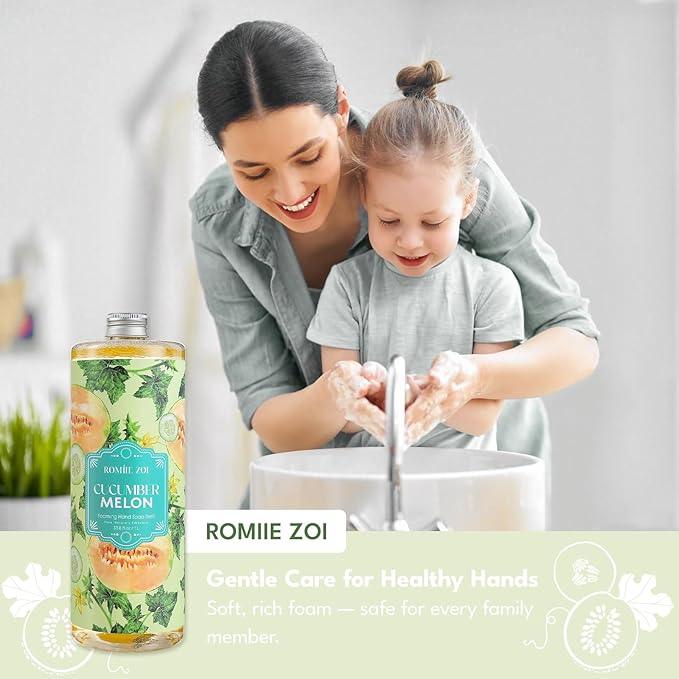 ROMIIE ZOI Natural Cucumber&Melon Foaming Hand Soap Refills 3-Pack (33.8 Fl Oz Each) with Dispenser - Plant-Based, Non-Toxic, Large Volume for Kitchen, Bathroom - Great Value Gift Set for Housewarming - ModernBath