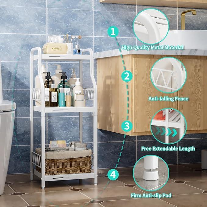 HapiRm Bathroom Shelf Unit Organizer - 3 Tier Expandable Narrow Shelf, Metal Free-Standing Shelves, Open Floor Rack Slim Storage Cabinet, Ideal for Bathroom, Laundry, Kitchen Organization (White) - ModernBath