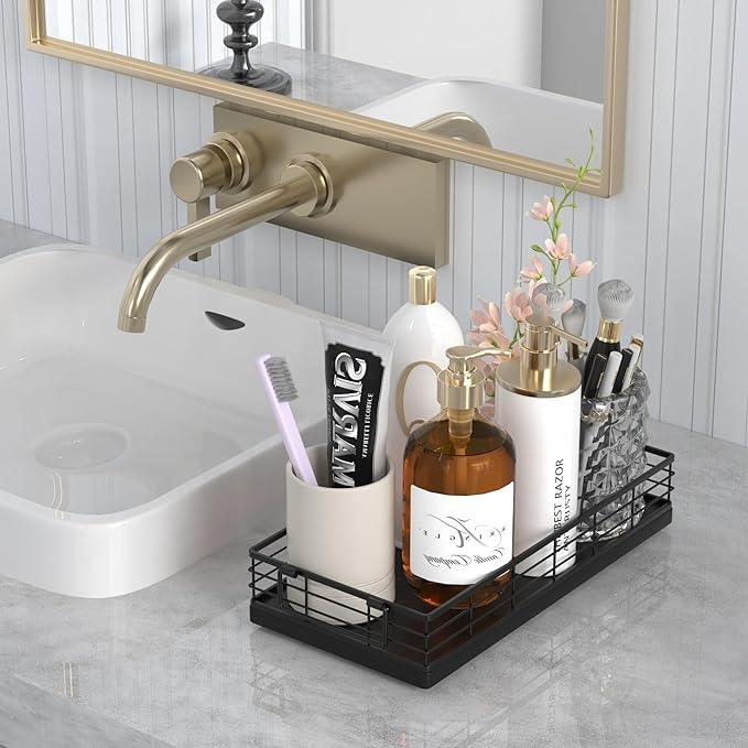 JNFUZ Toilet Paper Basket, 13 Inch Oak and Iron Tank Tray Top of Toilet Storage Toiletries Organizer for Bathroom, Living Room and Kitchen (Black) - ModernBath