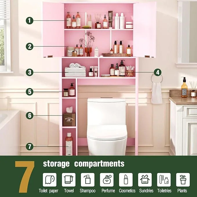 31" W Over The Toilet Storage Cabinet with Fluted Door, Pink Bathroom Organizer with Adjustable Shelf, Toilet Paper Holder Stand Wave Door for Restroom, Laundry Room - ModernBath