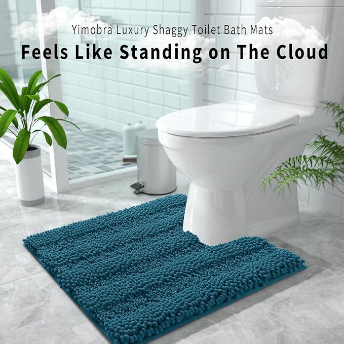 Yimobra Toilet Rugs U Shaped Washable 24 x 20, Non Slip and Super Absorbent Toilet Mat, Quick Dry, Ultra Luxury Microfiber Chenille Plush Fluffy Contour Bath Rugs for Toilet Base, Peacock Blue - ModernBath