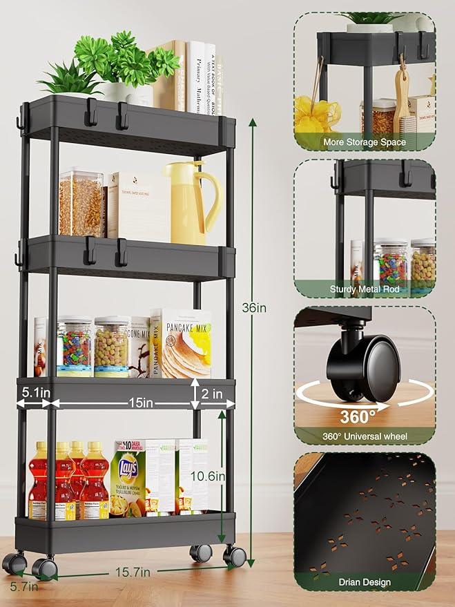 LEHOM 5.1" Slim Storage Cart - 4 Tiers Bathroom Organizer Mobile Shelving Unit Storage Rolling Utility Cart Slide Out Organizer for Kitchen Bathroom Laundry Narrow Places - ModernBath
