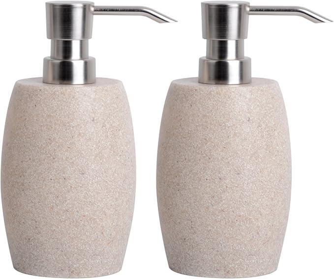 Clasin Home Sandstone Textured Resin Soap Dispenser with Metallic Pump and Waterproof Bottle Labels for Bathroom Kitchen Dish Hand Wash Shower Lotion Shampoo, 12 Oz, 2 Sets Beige - ModernBath