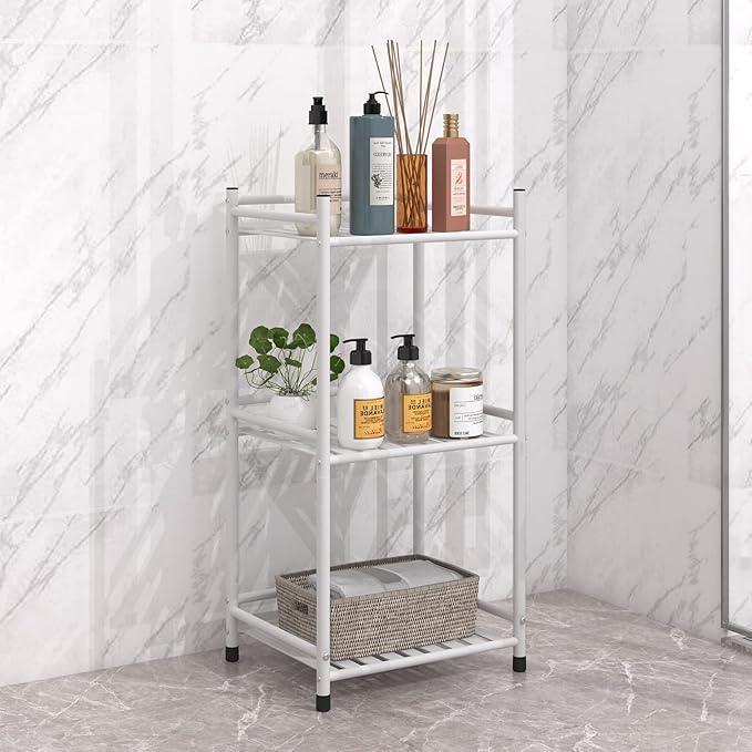 3 Tier Bathroom Storage Open Shelf Unit, Free-Standing Metal Corner Rack Shelving for Kitchen, Living Room, Hallway (Matte White, 3 Tier) - ModernBath