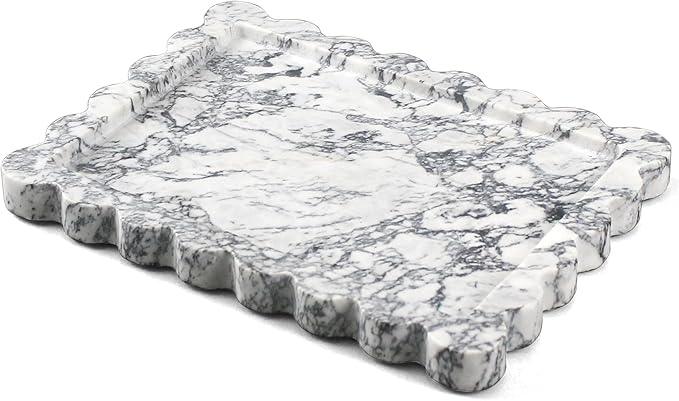 YMXYJM Genuine Scalloped Marble Tray, Real Natural Marble Stone Tray, Luxury Decorative Trays for Bathroom, Dresser, Vanity, Kitchen, Home Decor, 10.6" x 8", Calacatta Gray - ModernBath