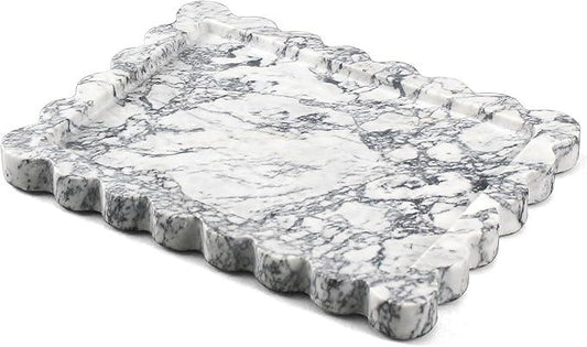 YMXYJM Genuine Scalloped Marble Tray, Real Natural Marble Stone Tray, Luxury Decorative Trays for Bathroom, Dresser, Vanity, Kitchen, Home Decor, 10.6" x 8", Calacatta Gray - ModernBath