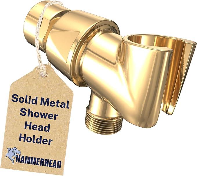 HammerHead Showers® Solid Metal Handheld Shower Head Holder - Polished Brass - Adjustable Shower Wand Holder with Universal Wall Hook Bracket and Brass Pivot Ball - Hand Held Shower Head Holder - ModernBath