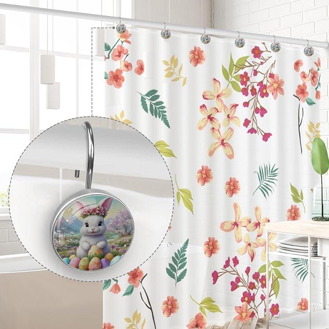 Bunny Rabbit and Easter Eggs Shower Curtain Hooks 12Pcs, Decorative Rust Resistant Shower Rings for Shower Curtain Rods, Stainless Steel Round Curtain Hooks for Bathroom, Bedroom, Farmhouse - ModernBath