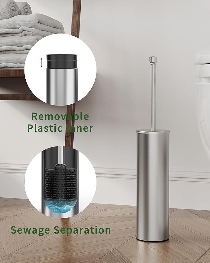 WZKALY Toilet Brush and Holder Set, Toilet Bowl Brush for Bathroom with Long Handle, Stainless Steel Toilet Cleaner Brush with Durable Scrubbing Bristles,Splash-Proof (Brushed Nickel) - ModernBath