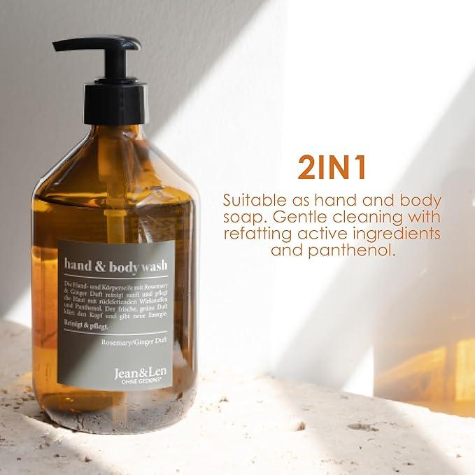 Jean & Len Hand & Body Wash Liquid, Spicy fresh scent Rosemary & Ginger, Hand and Body refillable Liquid, 100% vegan, without silicones, parabens and microplastics 16.9 Fl. Oz. - ModernBath