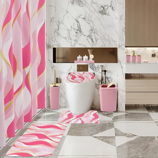 XLHOMO Bathroom Set - Pink and Gold Bathroom Accessories, Bathroom Sets with Shower Curtain and Rugs, Pink Shower Curtain Set with Bathroom Trash Can, Soap Dispenser, Soap Dish for Home Decor